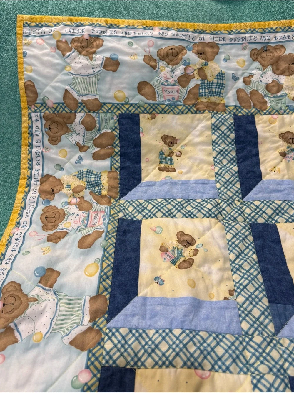 Blue & Yellow Teddy Bear 40” X 40” Quilted Baby Blanket